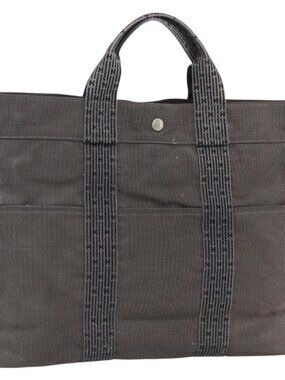 HERMES Her Line Tote MM Hand Bag Canvas Gray Silver Auth 171988